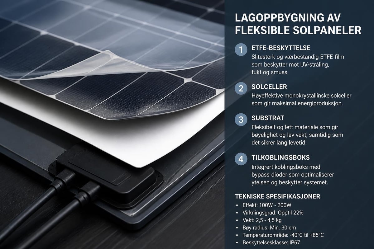 Fleksibelt solcellepanel konstruksjon