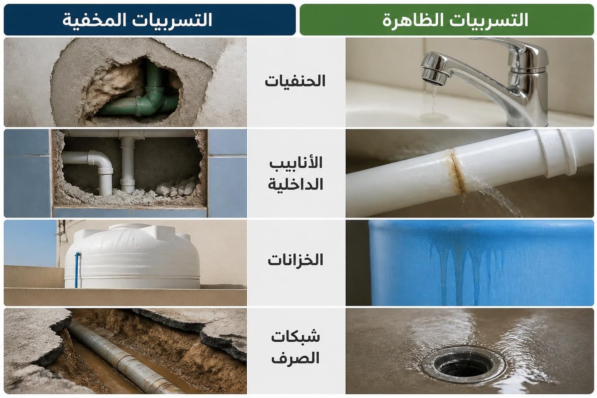 أنواع تسريبات المياه