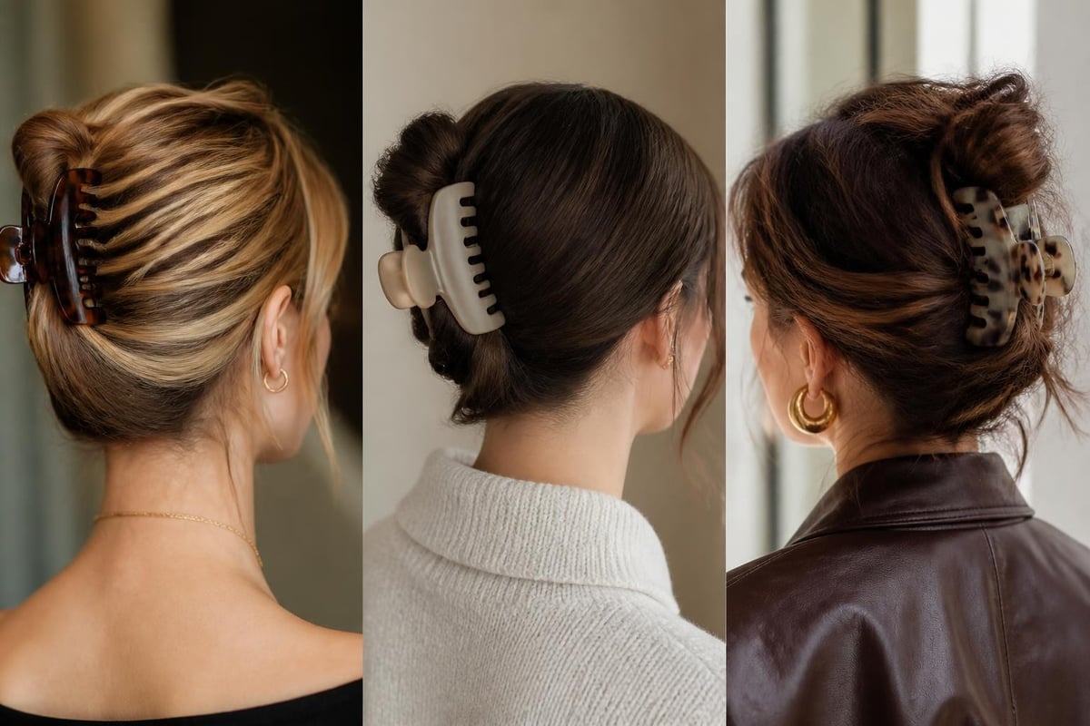 Pink claw clip styling evolution from classic updos to modern half-up and twist styles for all hair types