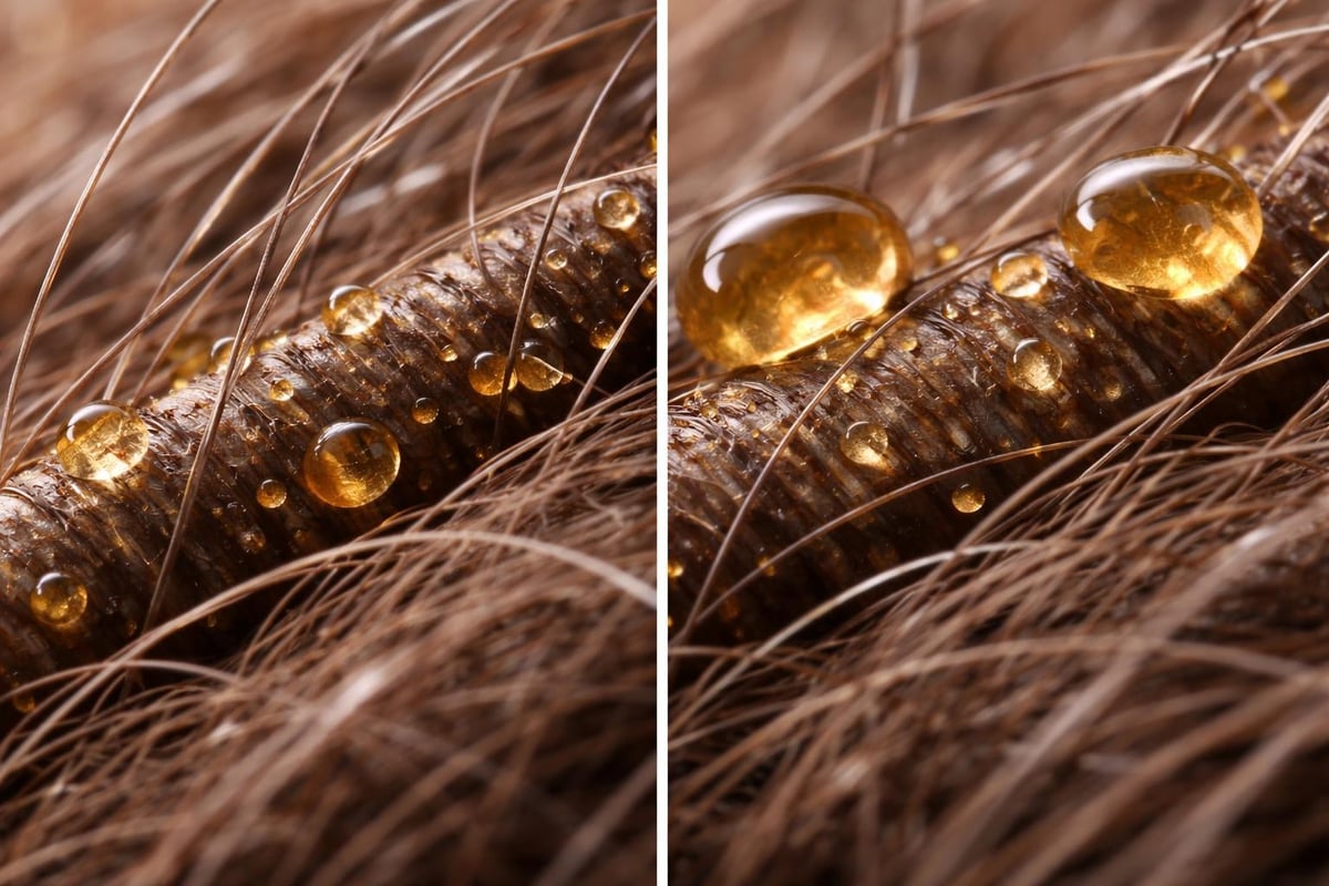 Hair shaft cross-sections showing oil penetration
