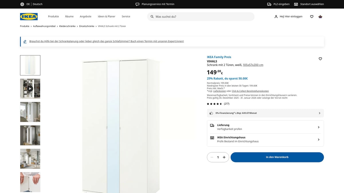 7 Überraschende IKEA Angebot Highlights 2026 für Sparfüchse - 1. VIHALS Schrank mit 2 Türen, weiß – 25% Rabatt für Family Mitglieder