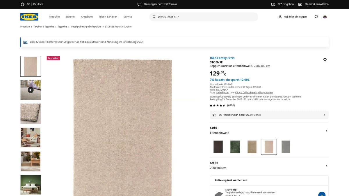 7 Überraschende IKEA Angebot Highlights 2026 für Sparfüchse - 4. STOENSE Teppich Kurzflor, elfenbeinweiß – Bestseller mit 7% Rabatt