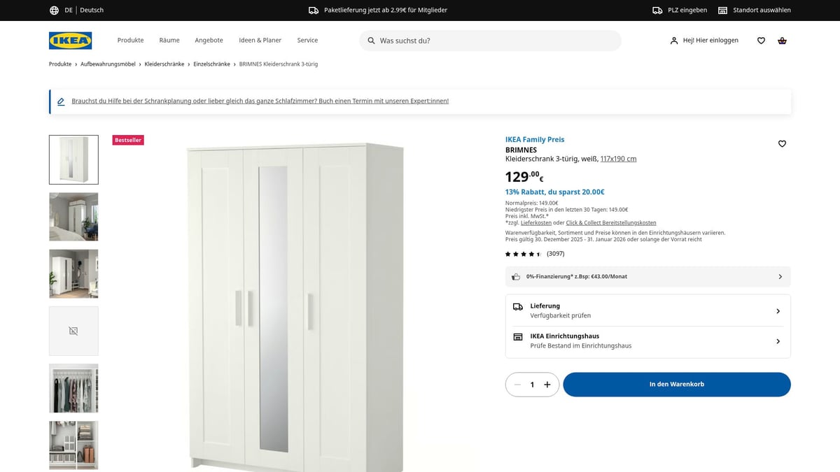 7 Überraschende IKEA Angebot Highlights 2026 für Sparfüchse - 5. BRIMNES Kleiderschrank 3-türig, weiß – 13% Rabatt für Vielstauraum
