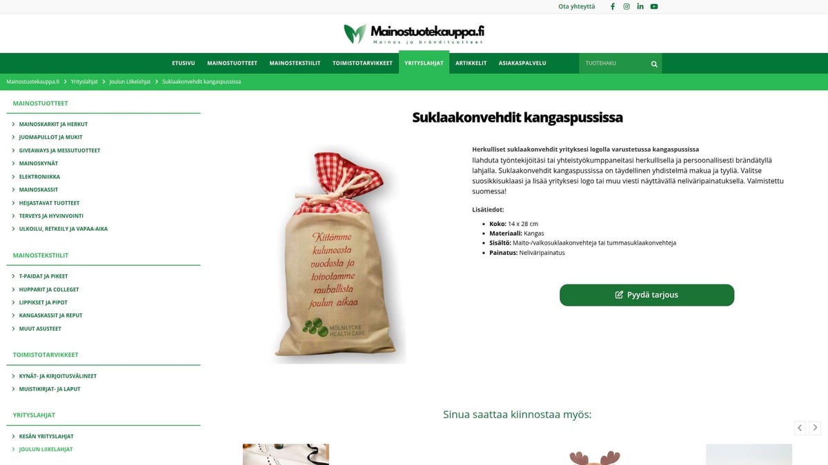 7 Tyylikästä Liikelahja Joulu Ideaa Vuodelle 2025 - Suklaakonvehdit kangaspussissa – Makea ja kotimainen yllätys