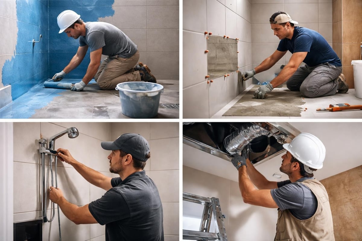 Bathroom renovation showing tile work and fixtures
