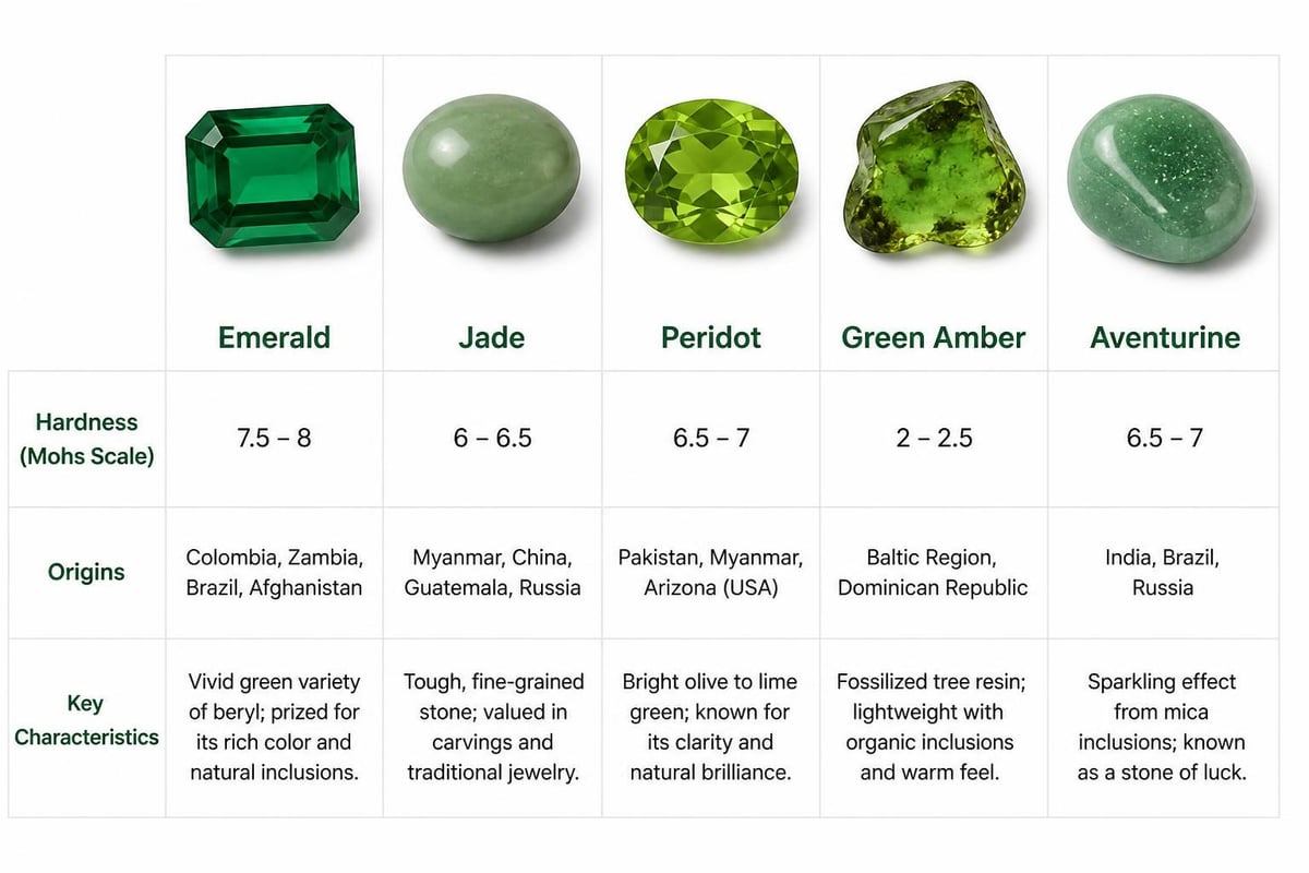 Green gemstone variety comparison