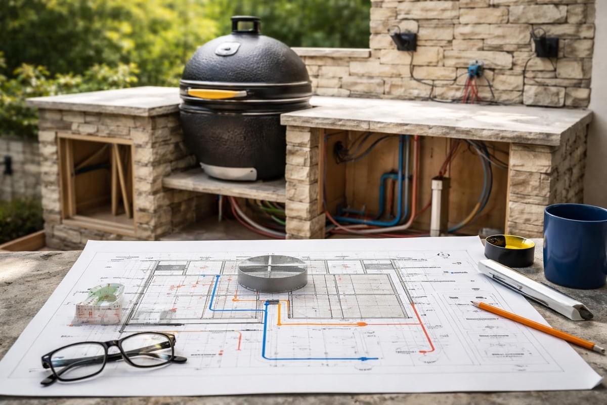 Kamado outdoor kitchen utilities layout