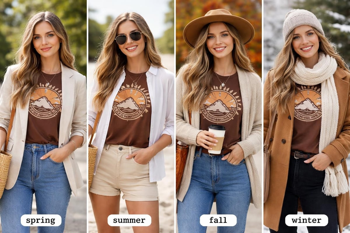 Seasonal layering with brown and white graphic tee