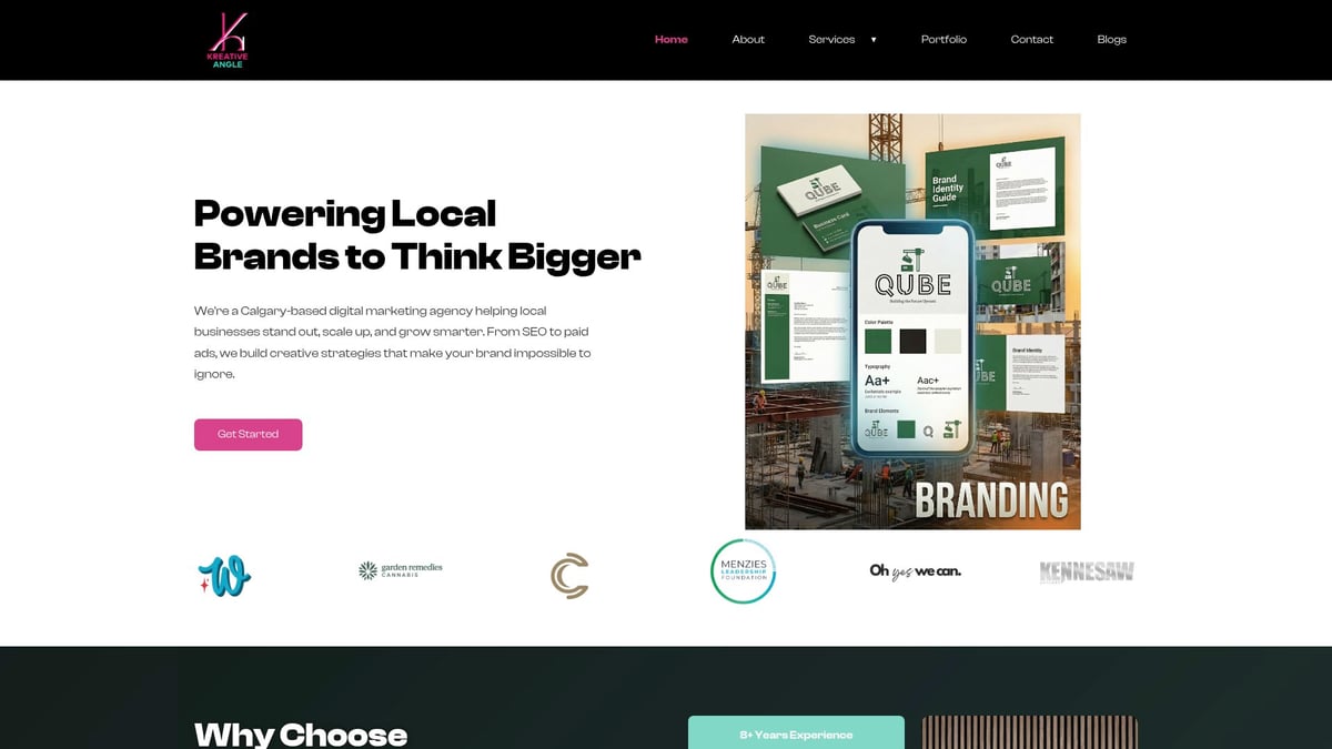Calgary-based digital marketing agency Kreative Angle showcasing branding services, featuring a mobile device displaying brand identity elements and marketing materials against a construction backdrop, emphasizing local business growth strategies.