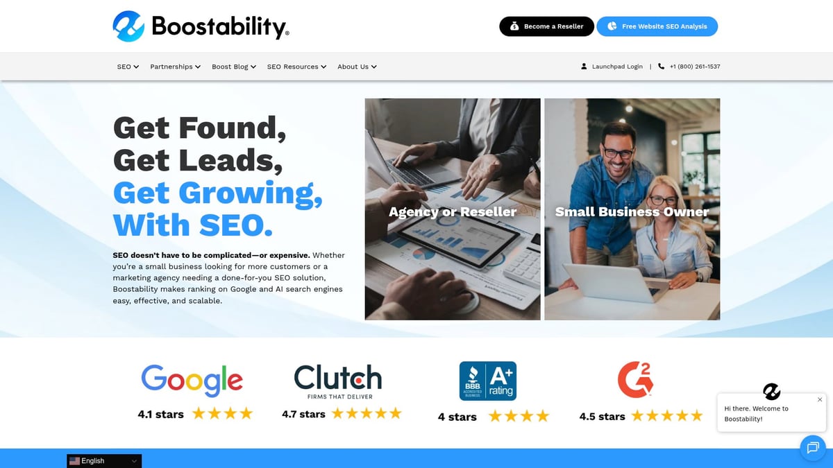 Boostability homepage featuring diverse professionals collaborating on digital marketing strategies, emphasizing social media management and SEO solutions for small businesses.