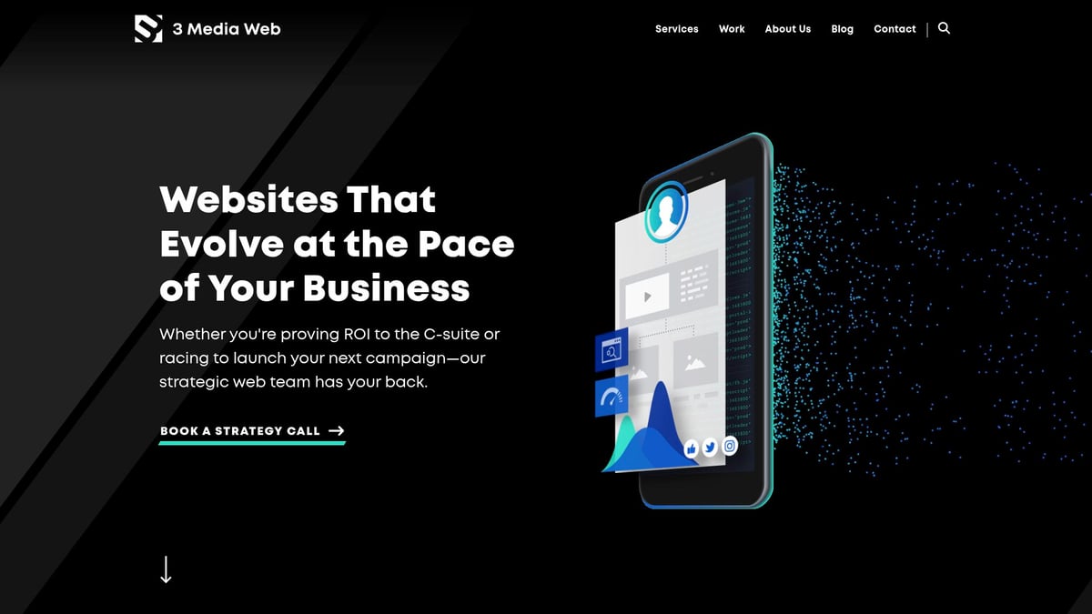 Web design concept showcasing a smartphone displaying digital marketing elements and social media icons, emphasizing 3 Media Web's focus on evolving websites for business growth.