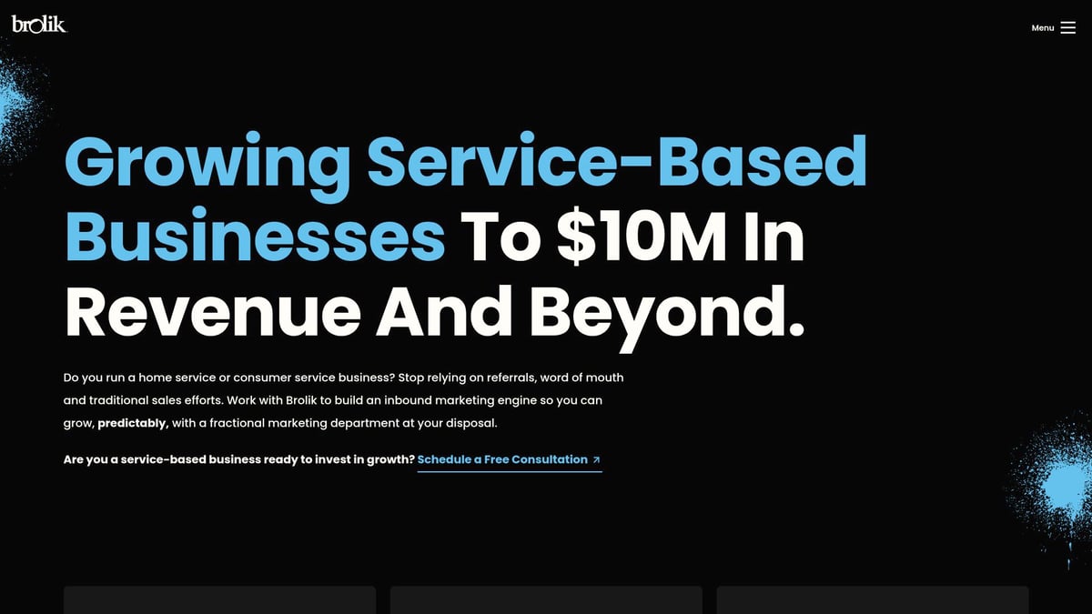 Brolik branding with bold text promoting growth for service-based businesses, emphasizing revenue goals and marketing solutions.