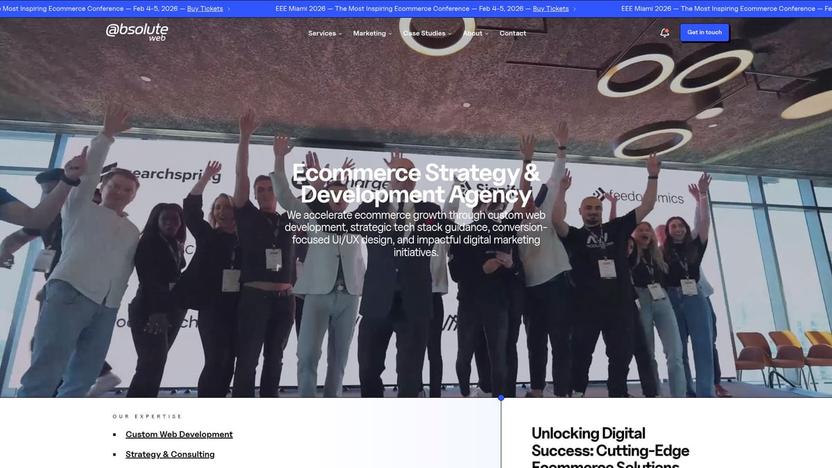 Group of professionals celebrating at an eCommerce conference, showcasing collaboration and enthusiasm for digital marketing and strategy development.