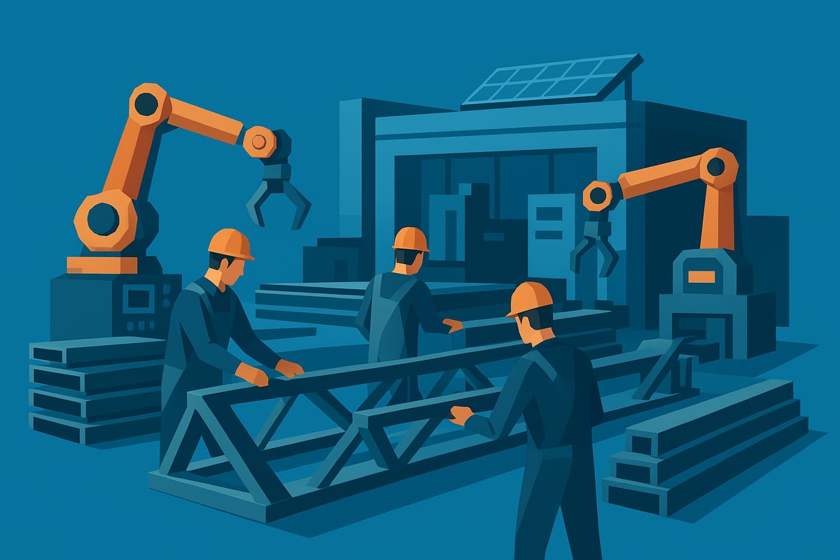 Modern commercial fabrication scene with workers in hard hats assembling steel beams, robotic arms assisting in the process, and a facility featuring solar panels in the background, illustrating advancements in technology and sustainable practices in the industry.