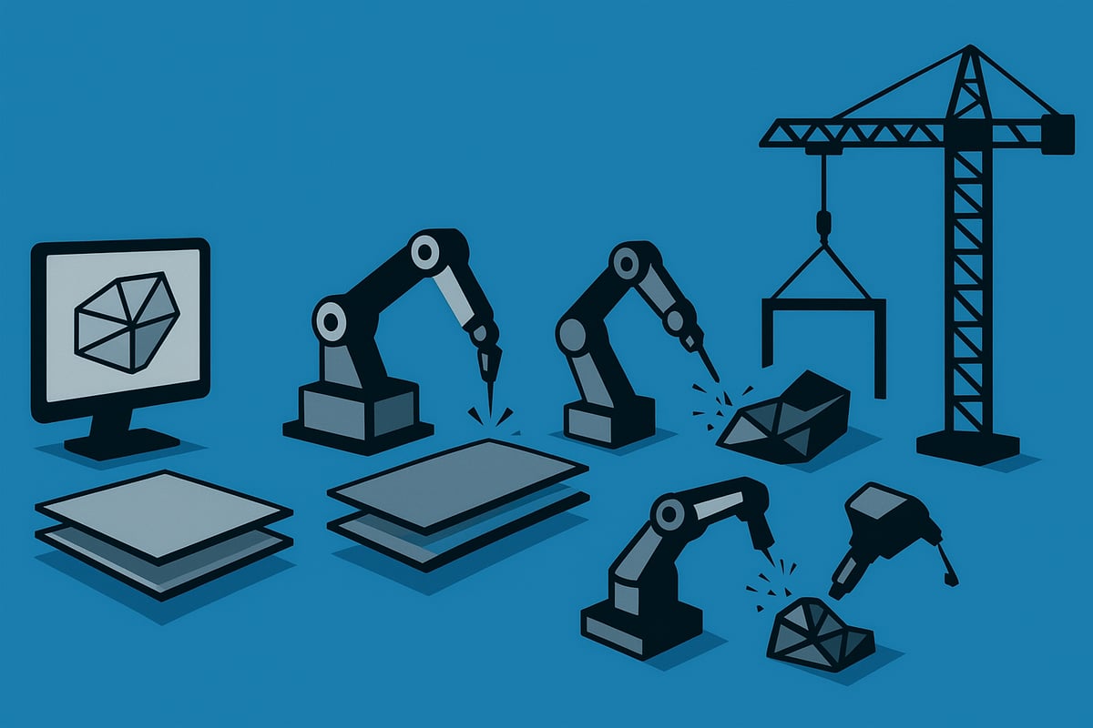 Illustration of commercial fabrication process featuring a computer with CAD design, robotic arms performing tasks, and a construction crane, emphasizing automation and technology in modern fabrication practices.