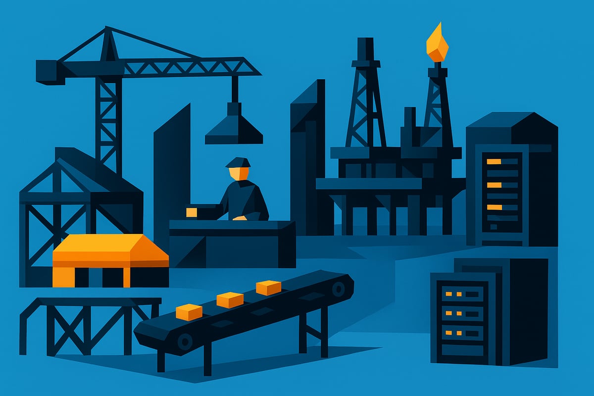 Low-poly style illustration of a bustling industrial scene featuring a construction crane, a worker at a workstation, oil rigs, and a conveyor belt with yellow blocks, representing commercial fabrication and construction processes.