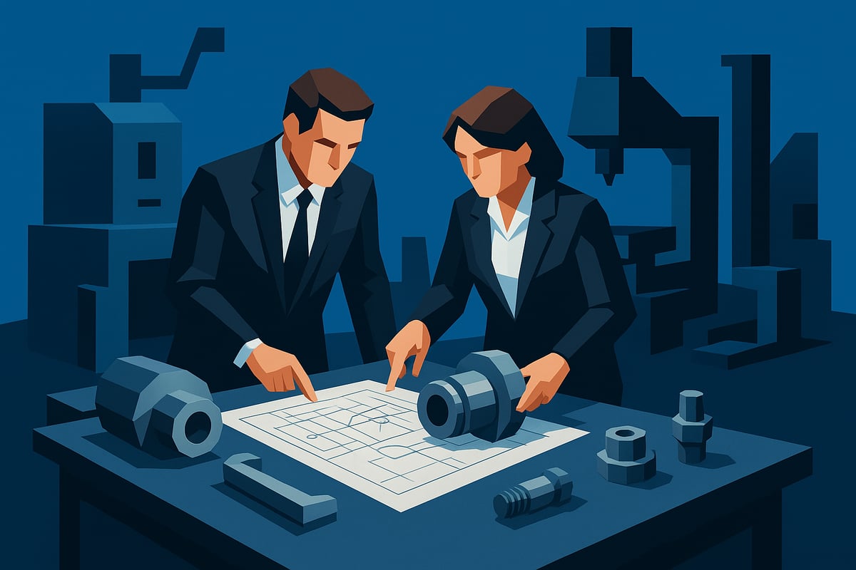 Business professionals analyzing engineering blueprints with precision metal components in a commercial fabrication setting, emphasizing collaboration and quality control in manufacturing processes.