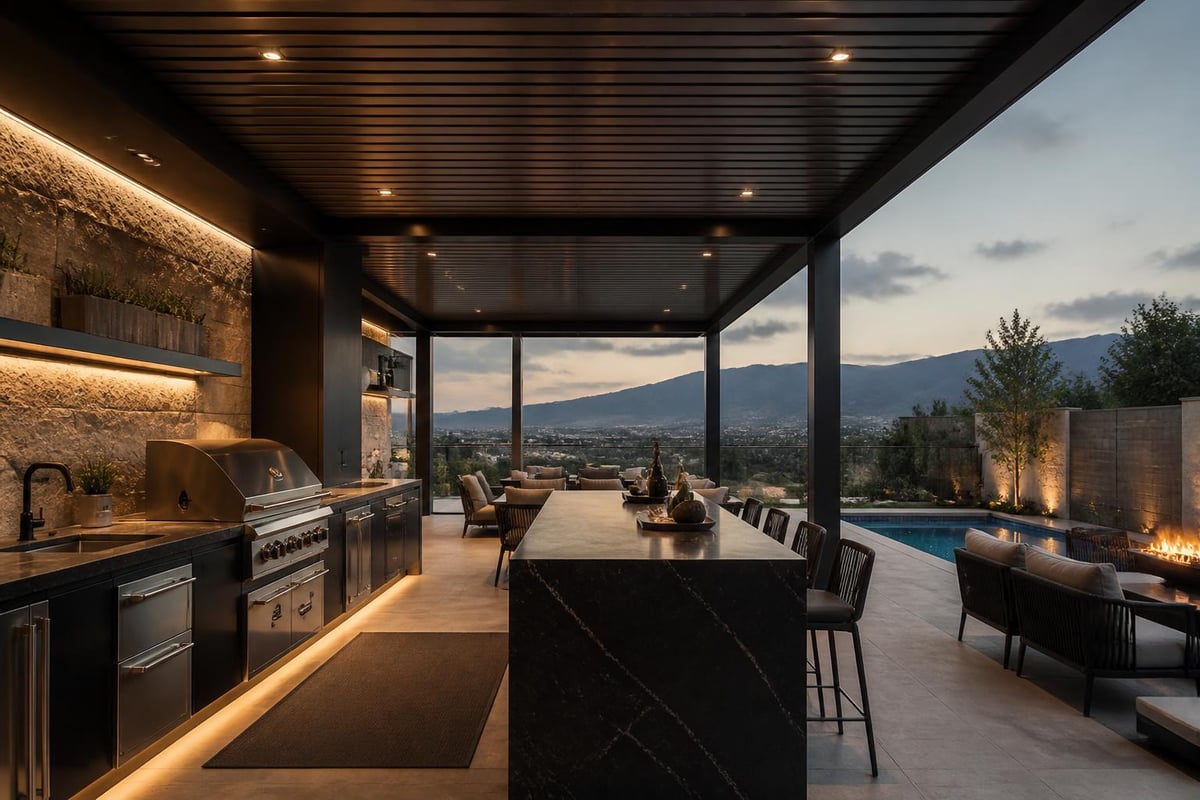 Outdoor kitchen under waterproof pergola