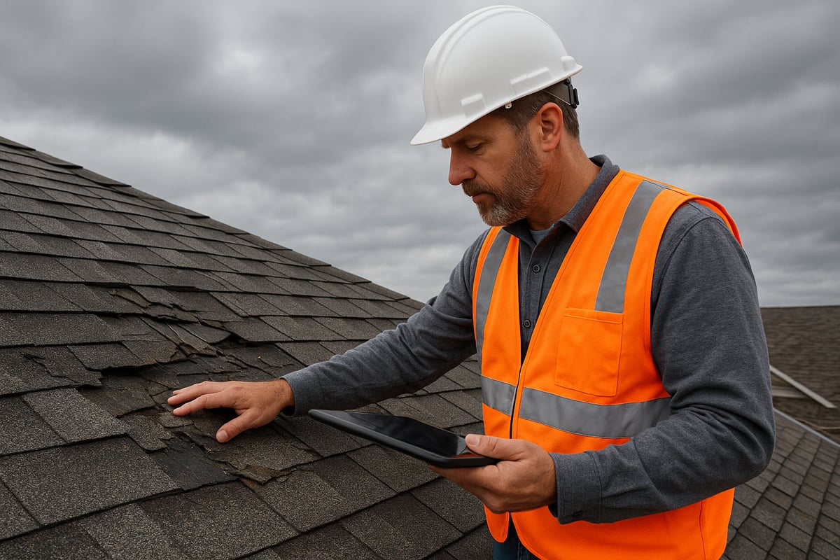 Man in safety vest and hard hat inspecting damaged roof shingles while holding a tablet, illustrating the assessment of roof repair options for insurance claims.