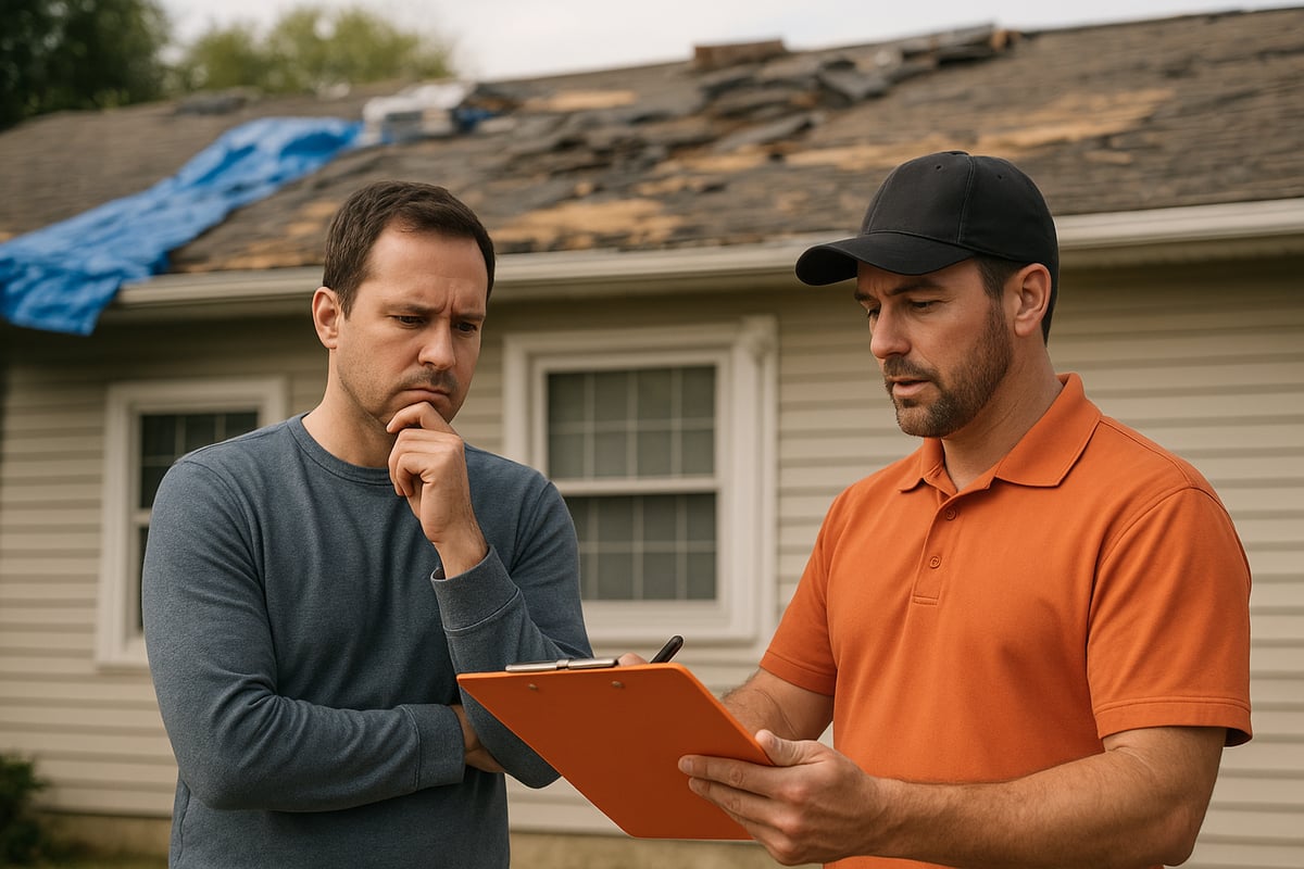 Homeowner consulting with a public adjuster about roof damage, with a damaged roof and blue tarp in the background, reflecting the decision-making process on insurance claims versus out-of-pocket repairs.