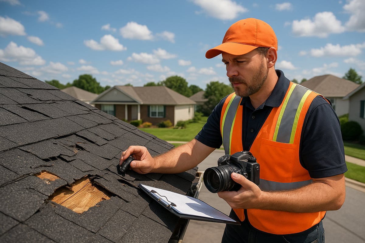 Roof inspector examining damaged shingles with clipboard and camera, assessing potential insurance claims for roof repairs.