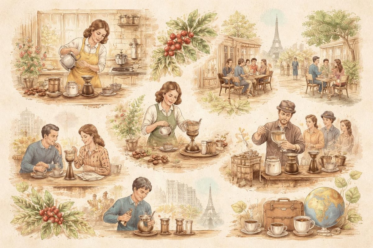Evolution of hand drip coffee from Melitta Bentz's 1908 invention to contemporary pour-over culture