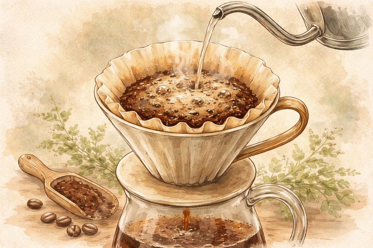 Hand drip coffee bloom phase showing degassing