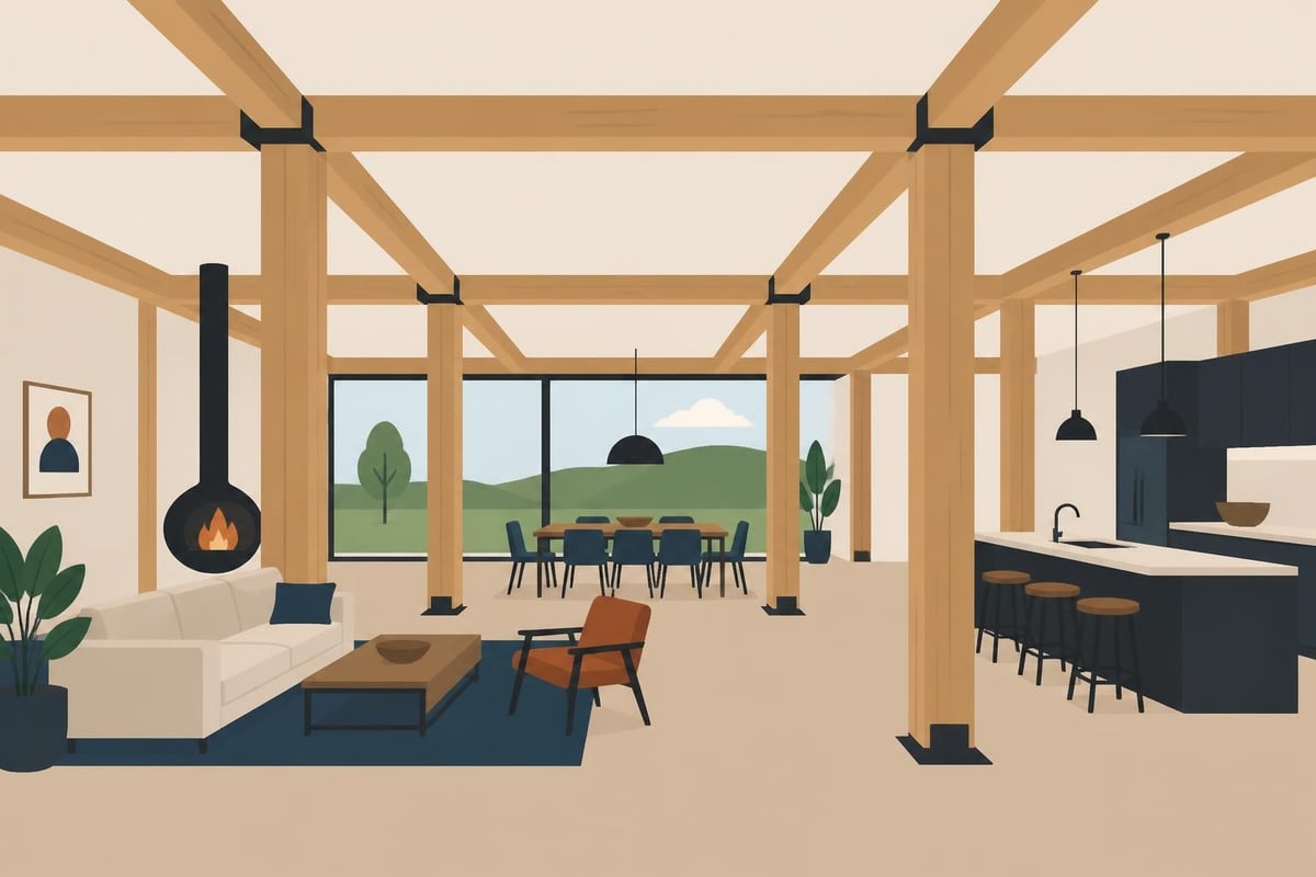 Open plan timber frame interior