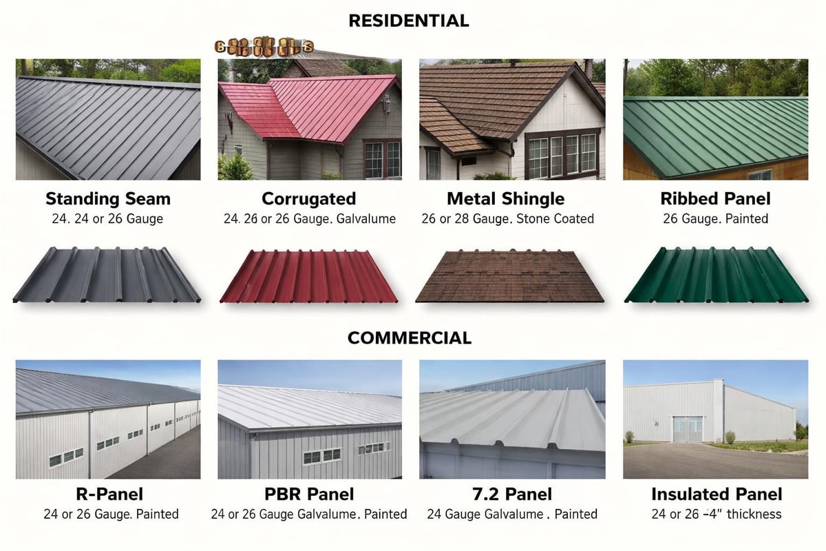 Image displaying various steel roofing types for residential and commercial applications, including Standing Seam, Corrugated, Metal Shingle, Ribbed Panel, R-Panel, PBR Panel, 7.2 Panel, and Insulated Panel, with gauge specifications and finishes.