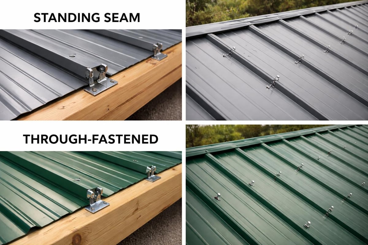 Standing seam and through-fastened steel roofing systems, showcasing fastener placement and panel installation techniques for optimal waterproofing and thermal movement accommodation.
