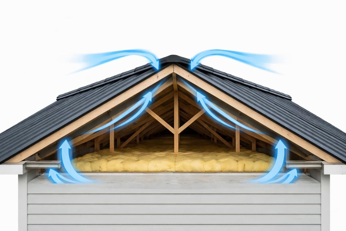 Steel roof with ventilation system showing airflow directions, insulation, and structural framework, illustrating proper ventilation techniques for moisture control and energy efficiency.