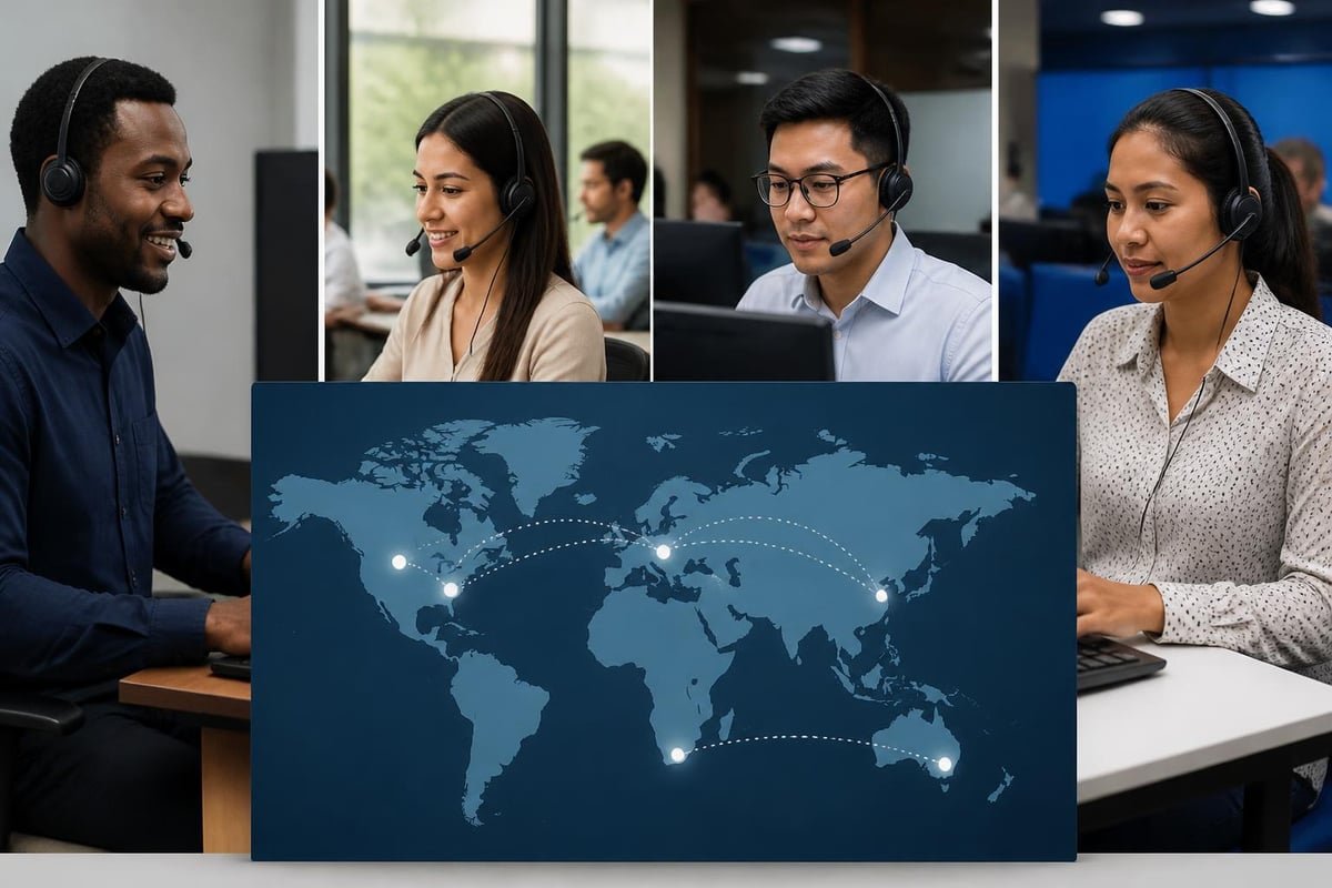 Diverse customer service representatives wearing headsets, engaged in calls, with a world map graphic illustrating global communication and outsourcing connections.