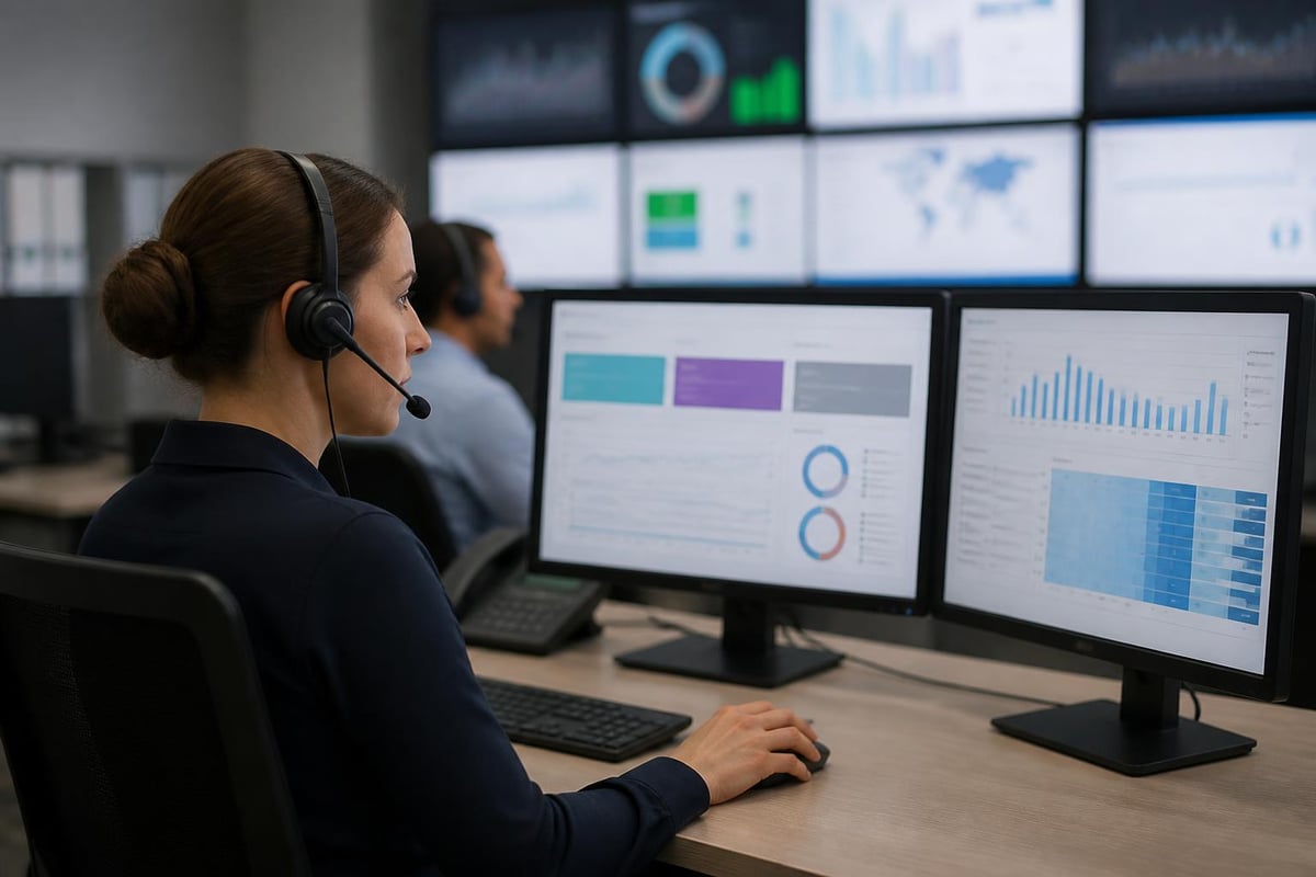 Call center agent using dual monitors displaying real-time analytics and performance metrics, emphasizing automation and efficiency in customer service operations.