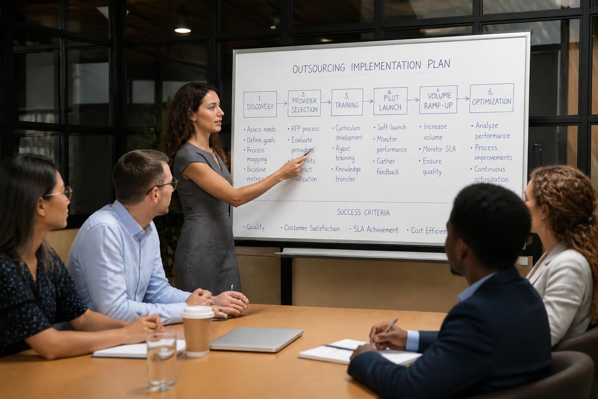 Business meeting discussing outsourcing implementation plan with a presenter pointing at a whiteboard outlining phases including discovery, provider selection, training, pilot launch, volume ramp-up, and optimization.