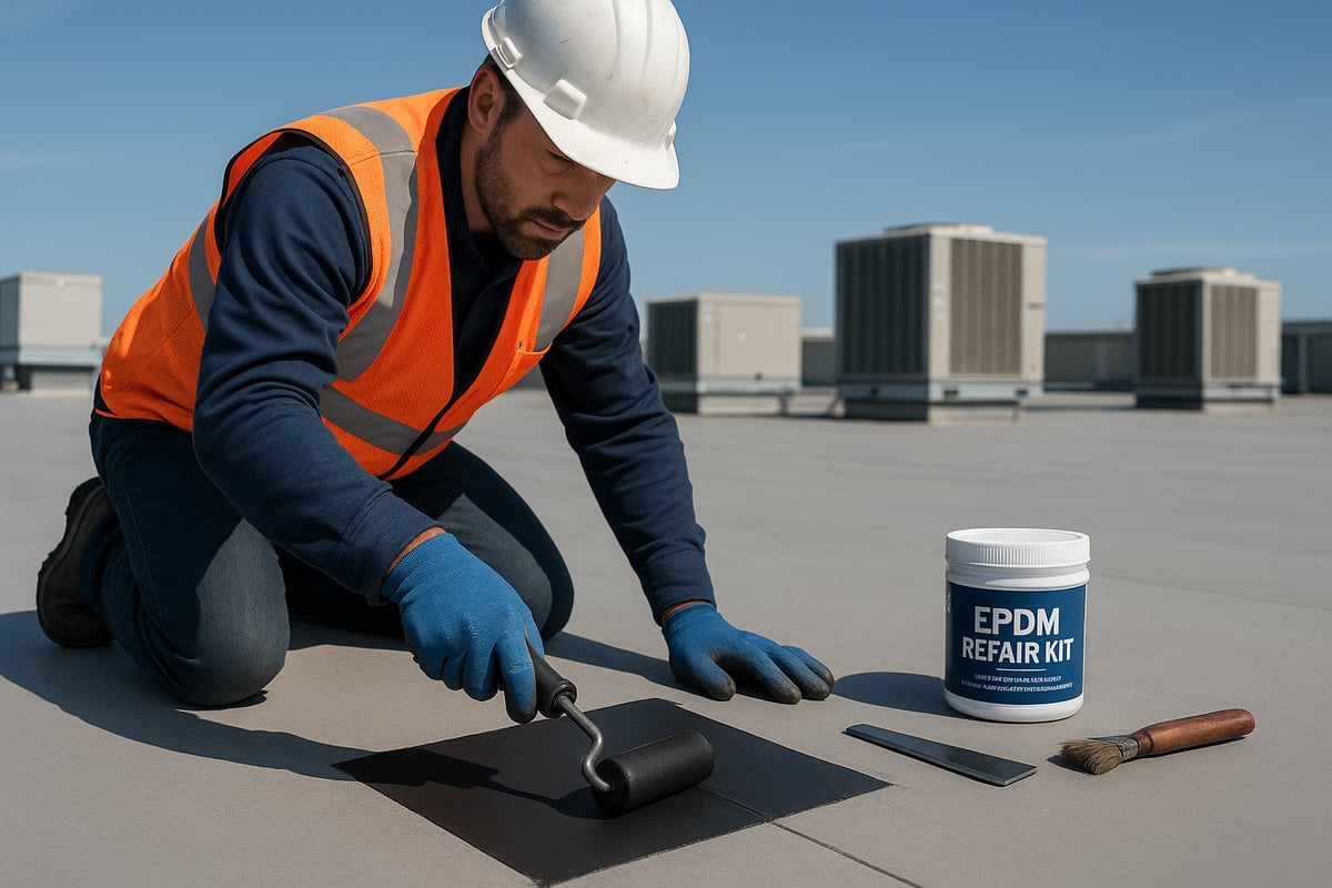 Professional roofer applying EPDM patch