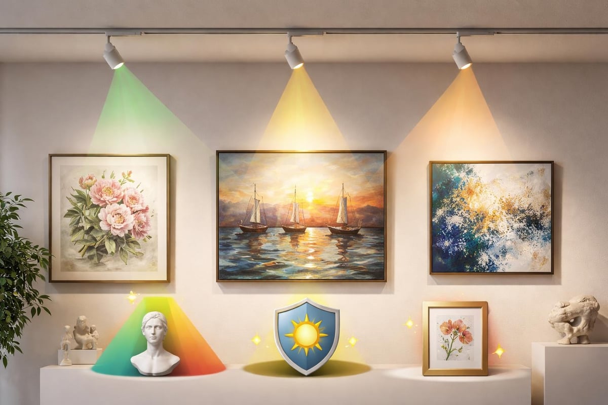 Professional gallery lighting setup for large contemporary pieces