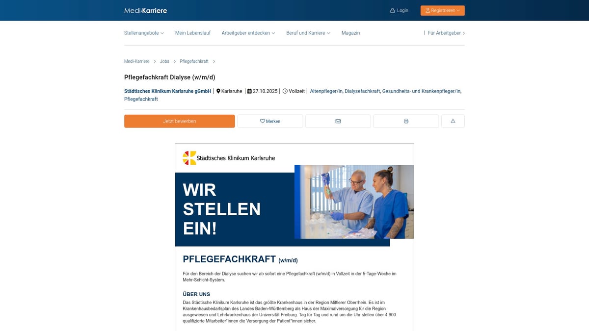 7 Top Stellenangebote Gesundheits und Krankenpfleger 2025 - Pflegefachkraft Dialyse (w/m/d) – Städtisches Klinikum Karlsruhe gGmbH