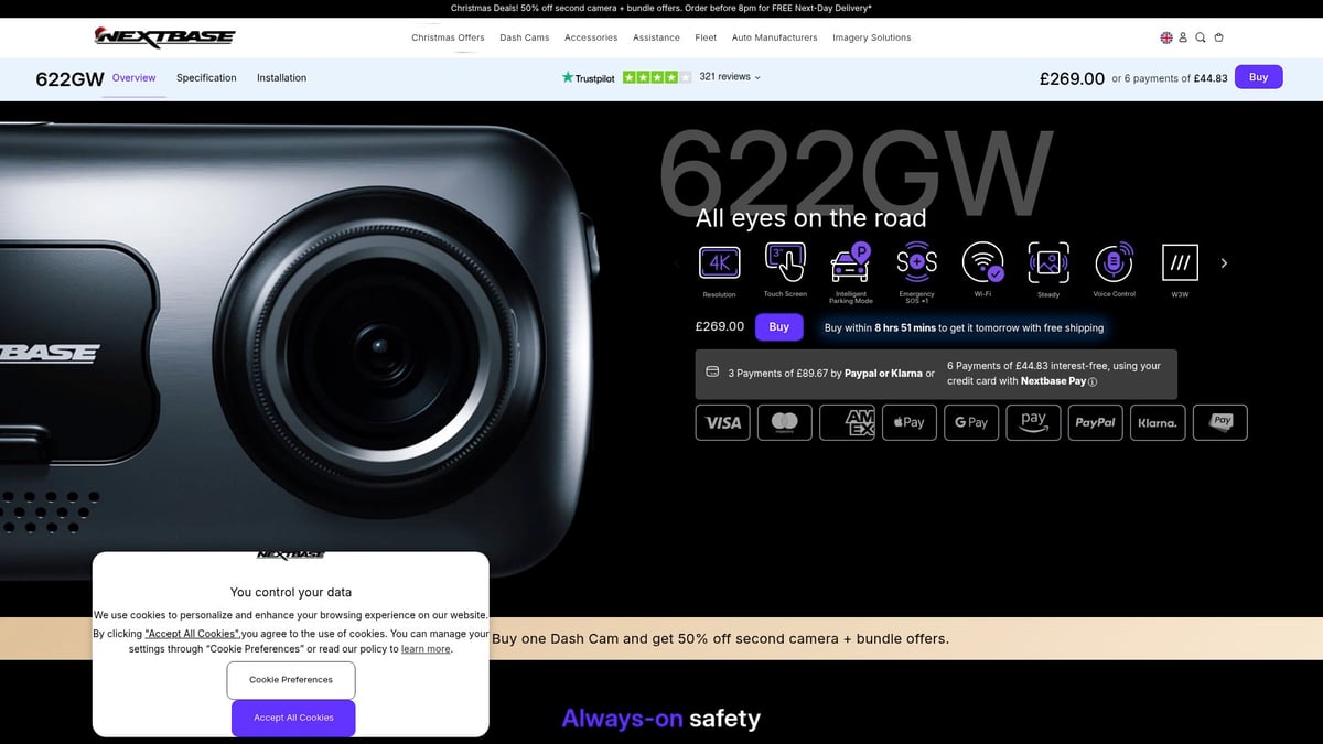 7 Kits Automotivos Incríveis Para Transformar Seu Carro em 2026 - Nextbase 622GW – Kit Dash Cam 4K com Assistente de Emergência