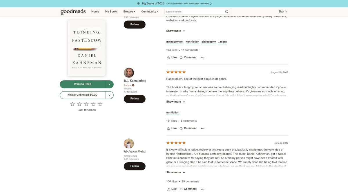 7 Must-Read Mind Books to Expand Your Thinking in 2026 - Thinking, Fast and Slow by Daniel Kahneman