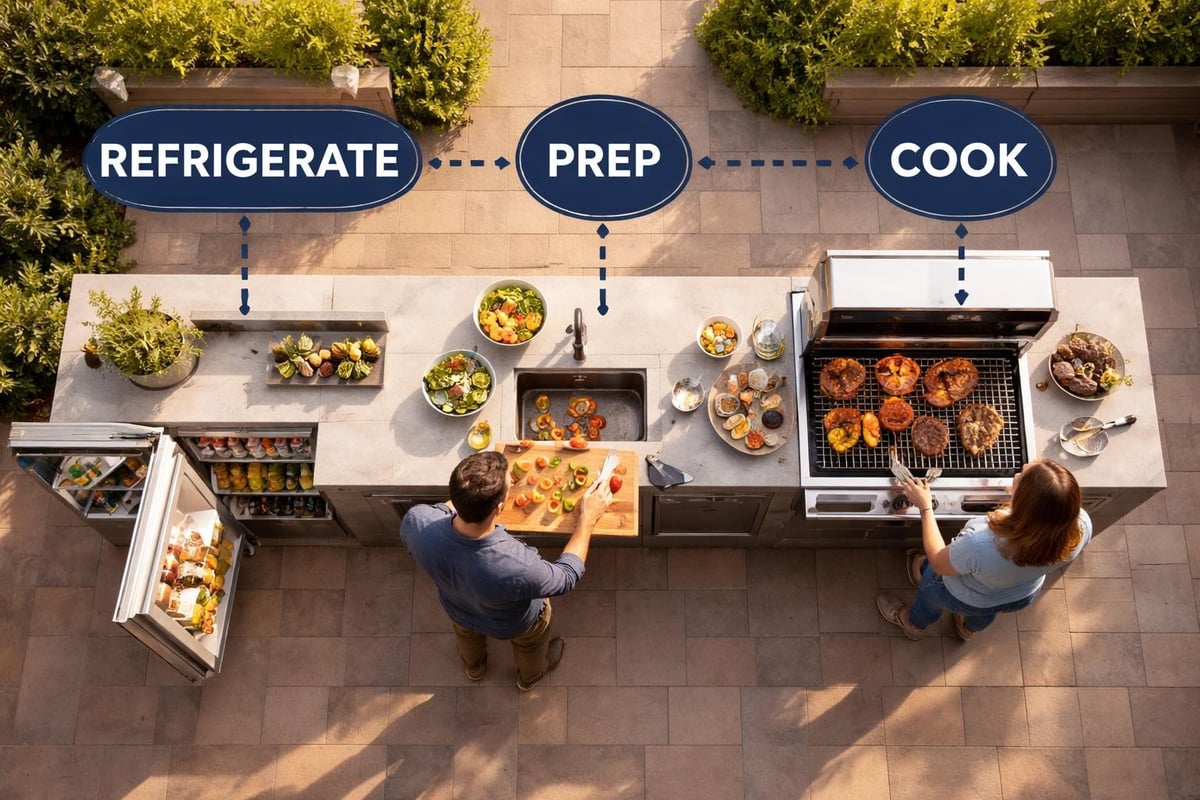 Outdoor kitchen work triangle zones