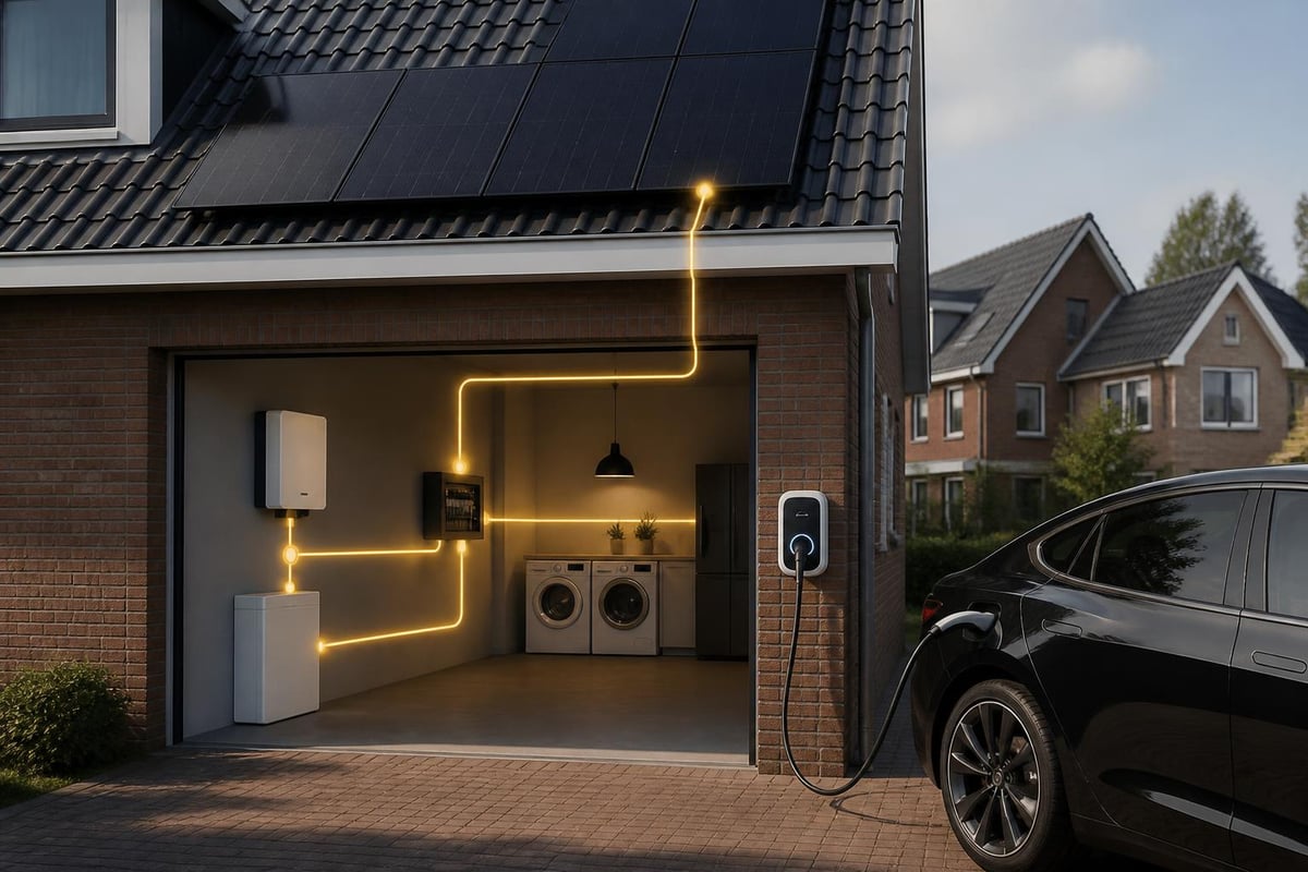 Energiestroom tussen zonnepanelen en laadpaal