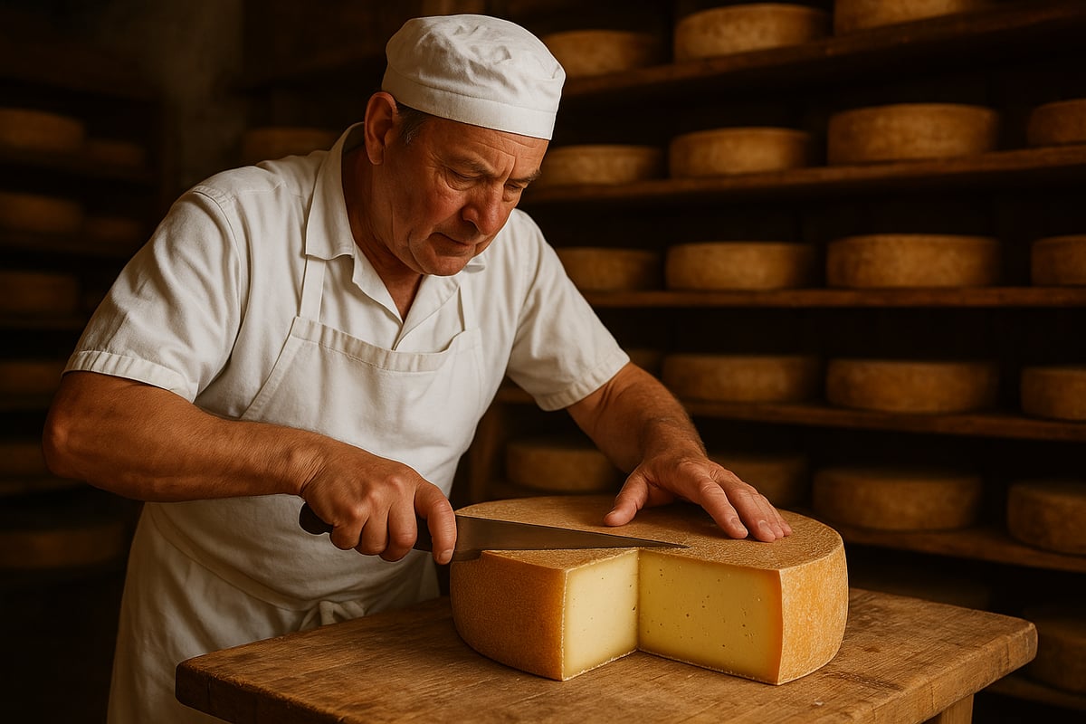 Käsemacher beim Schneiden eines Bergkäse-Laibs