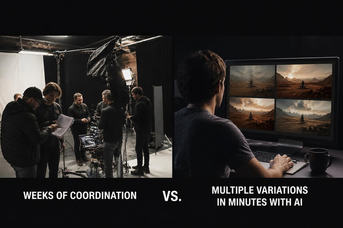 Traditional video production timeline versus AI