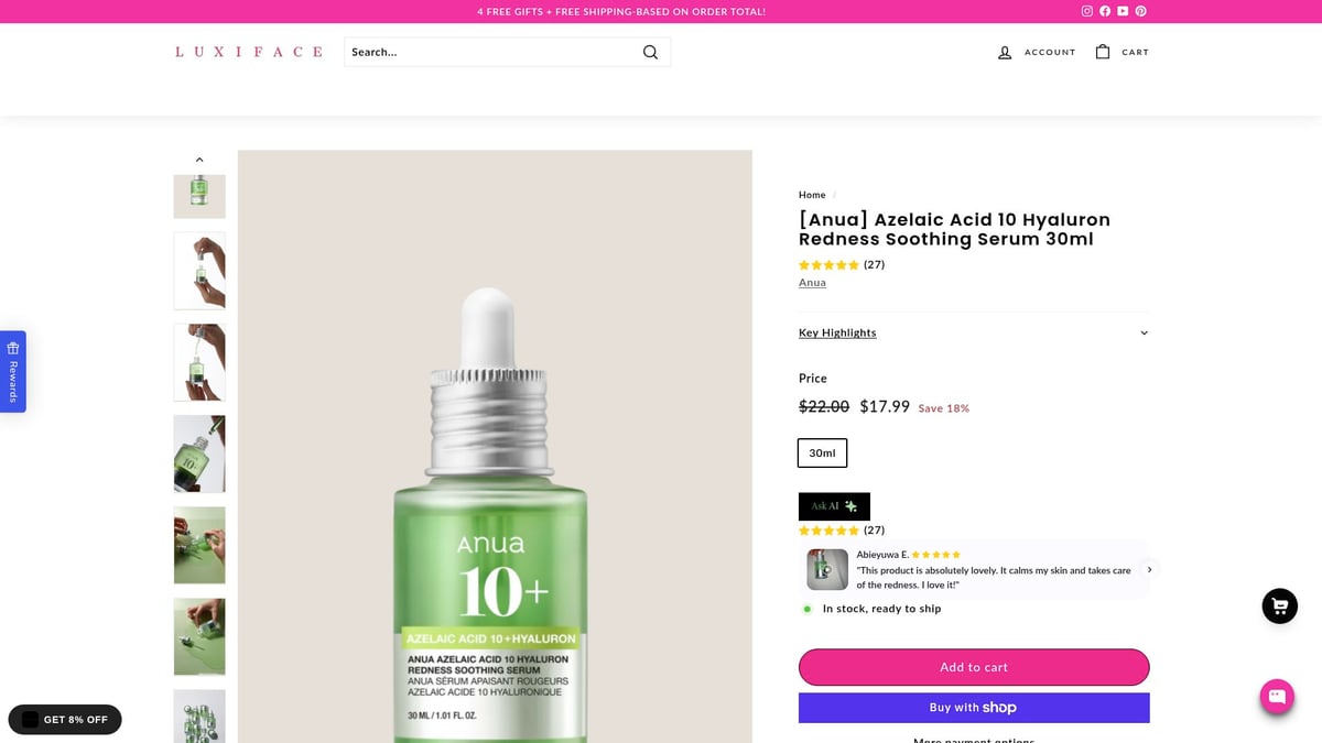 Top 9 Korean Skincare for Hyperpigmentation in 2026 - Anua Azelaic Acid 10 Hyaluron Redness Soothing Serum