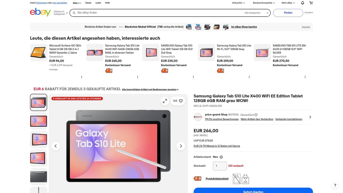 Top 8 Schnäppchen Elektronik Highlights 2026 - Samsung Galaxy Tab S10 Lite X400 WiFi EE Edition 128GB 6GB RAM grau 10,9 Zoll – eBay