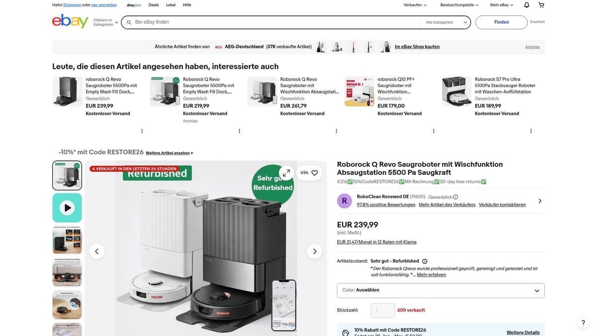 Top 8 Schnäppchen Elektronik Highlights 2026 - Roborock Q Revo Saugroboter mit Wischfunktion – eBay