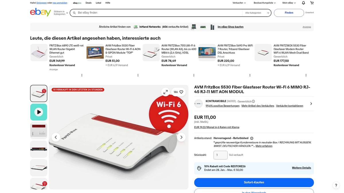 Top 8 Schnäppchen Elektronik Highlights 2026 - AVM Fritz!Box 5530 Fiber Glasfaser Router Wi-Fi 6 – eBay