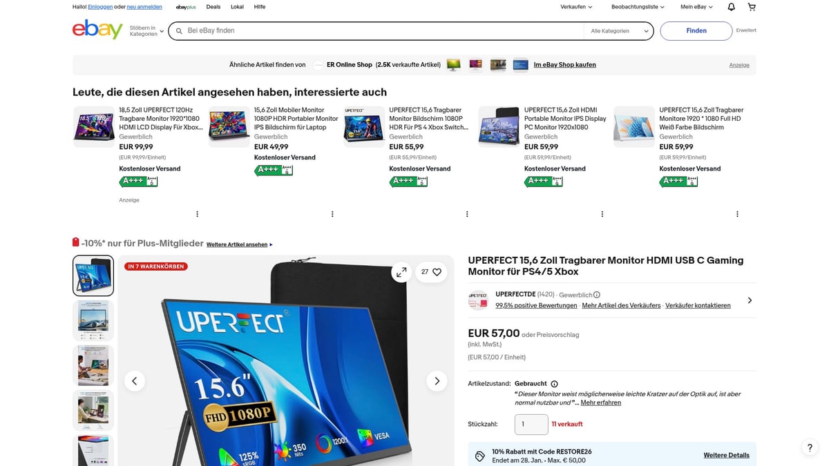 Top 8 Schnäppchen Elektronik Highlights 2026 - UPERFECT 15,6 Zoll Tragbarer Monitor HDMI USB C Gaming Monitor – eBay