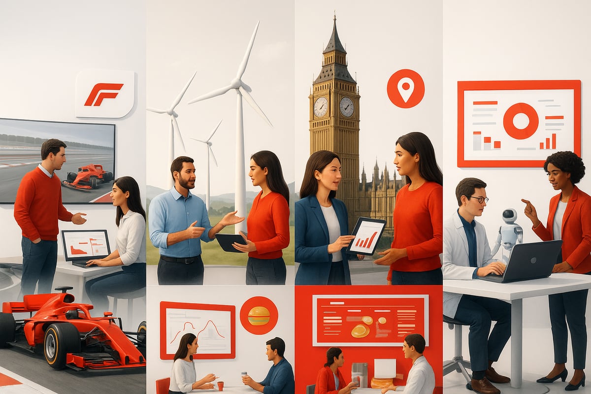 Series of people in red interacting in various settings: office, wind farm, London, and analyzing data.