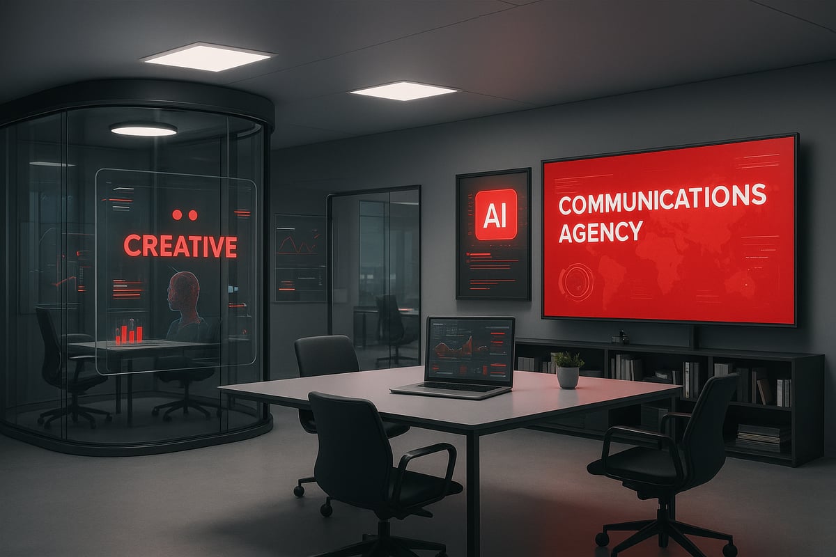 Modern office space with a red-lit 